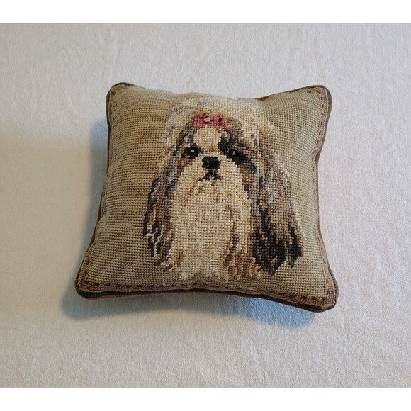 Wool Needlepoint Shih Tzu Dog Throw Pillow Cushion 10x10 Handmade - Picture 1 of 5
